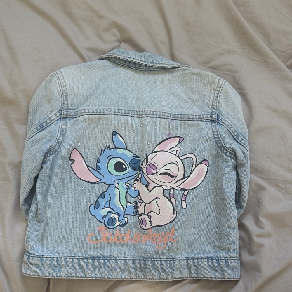 H&M Kids Girls Disney Light Wash Denim Jacket with Stitch & Angel Art